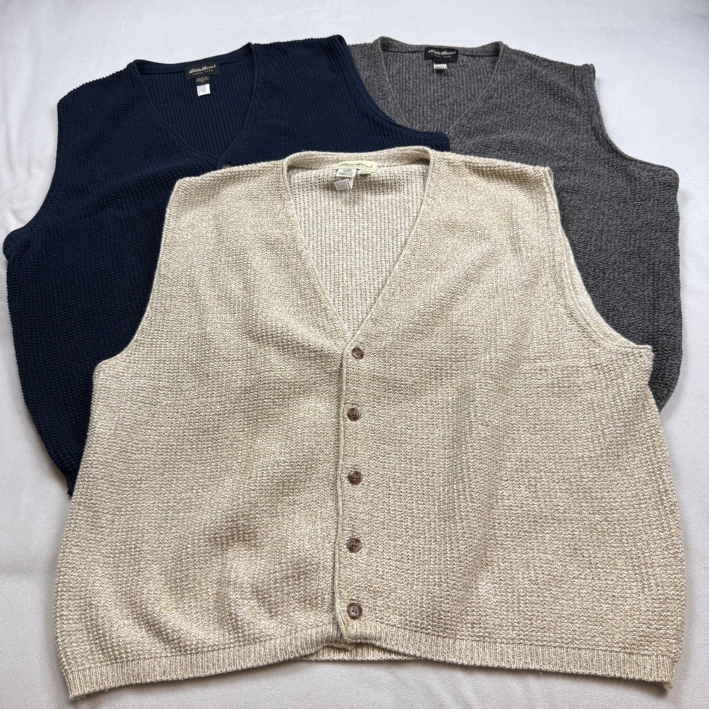 Lot of 3 VTG Eddie Bauer Mens XL Cotton Knit Sweater Vests Made in USA V-Neck